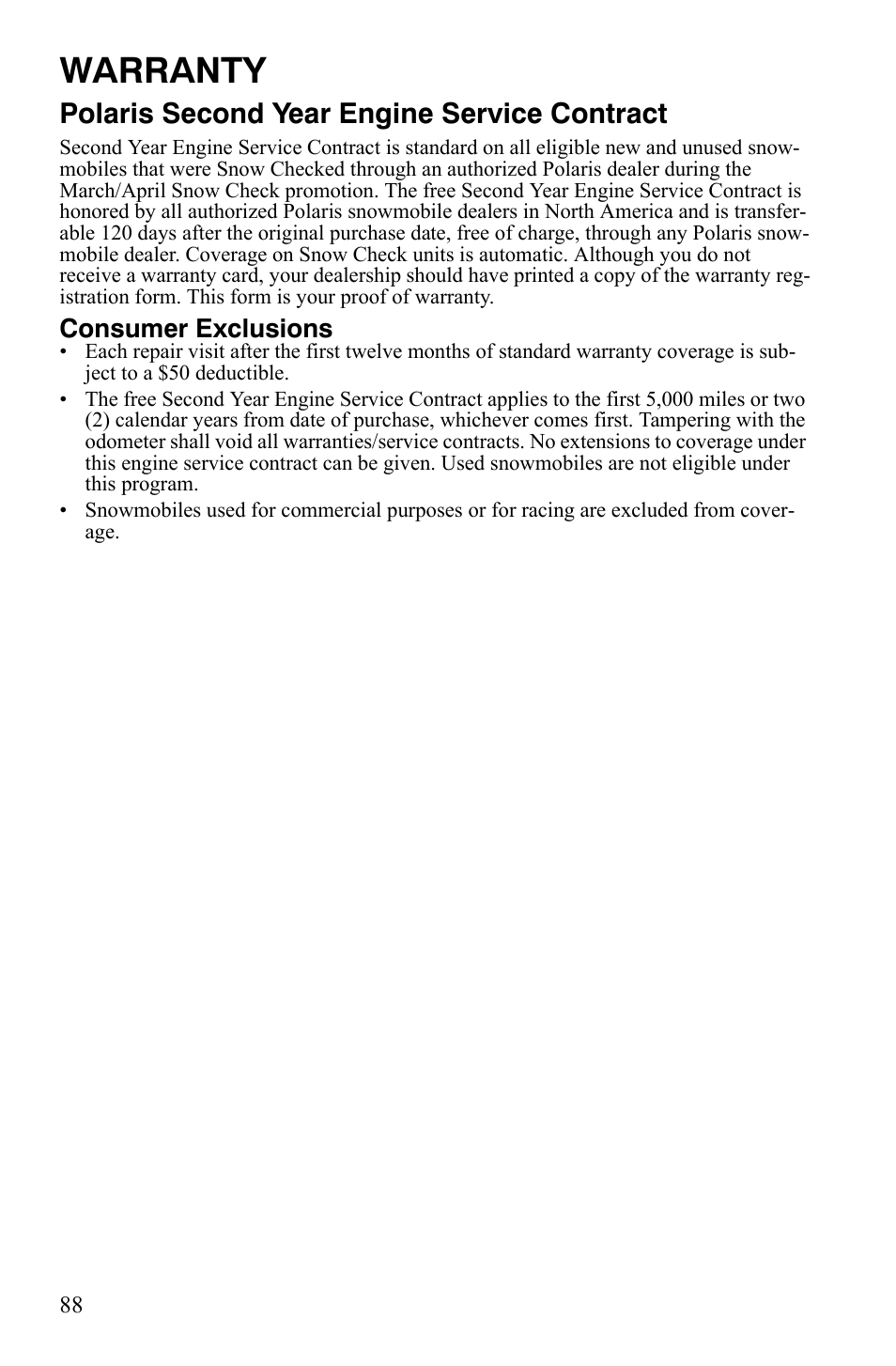 Warranty, Polaris second year engine service contract, Consumer exclusions | Polaris 120 Dragon User Manual | Page 92 / 101