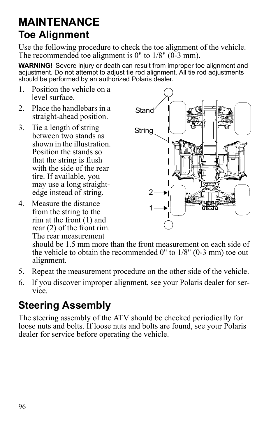 Maintenance, Toe alignment, Steering assembly | Polaris Sportsman 550 EFI User Manual | Page 100 / 155