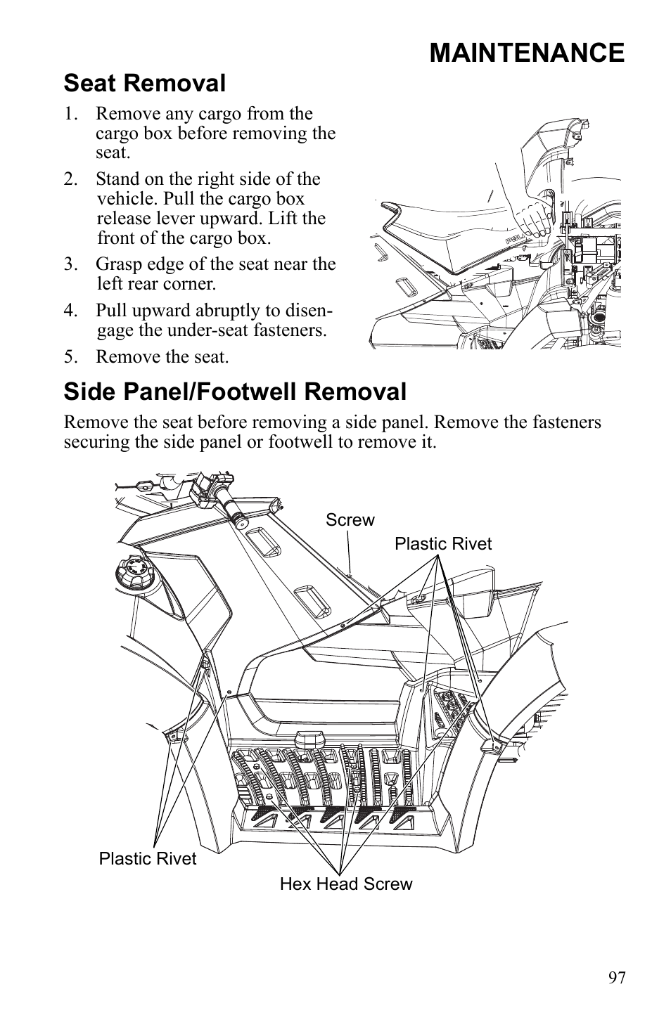 Maintenance, Seat removal, Side panel/footwell removal | Polaris Sportsman 550 EFI User Manual | Page 101 / 155