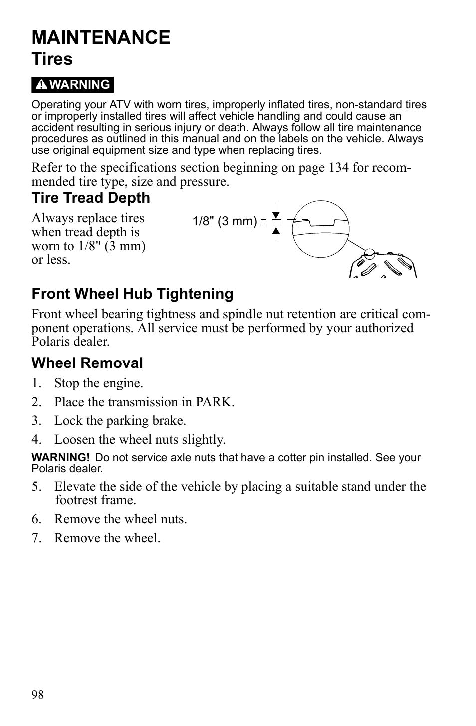 Maintenance, Tires, Tire tread depth | Front wheel hub tightening, Wheel removal | Polaris Sportsman 550 EFI User Manual | Page 102 / 155