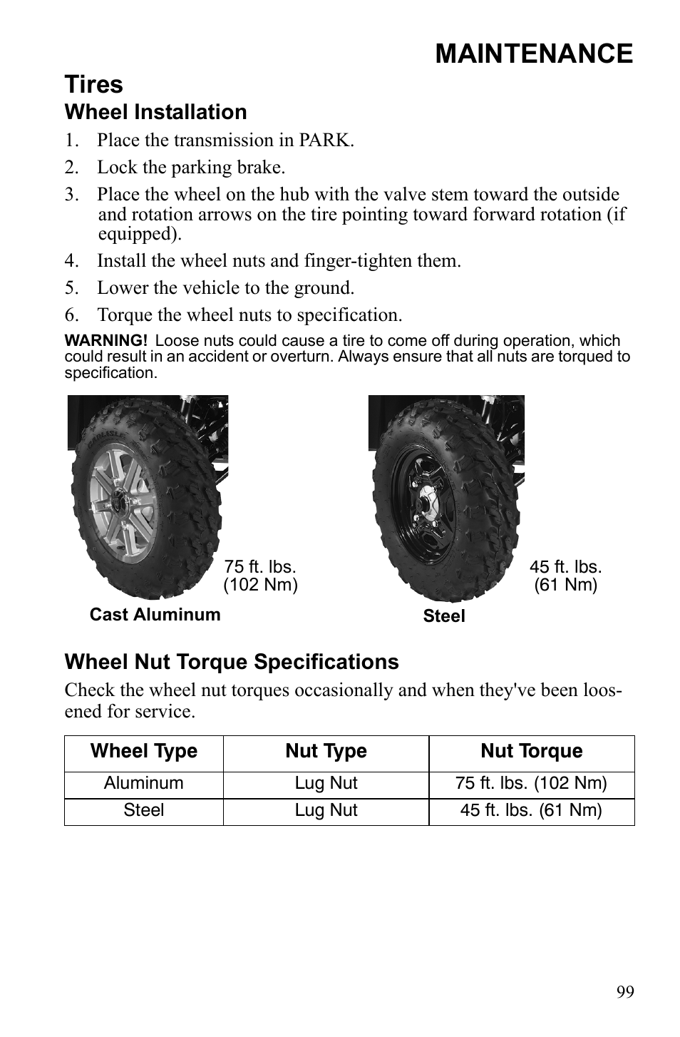 Maintenance, Tires, Wheel installation | Wheel nut torque specifications | Polaris Sportsman 550 EFI User Manual | Page 103 / 155