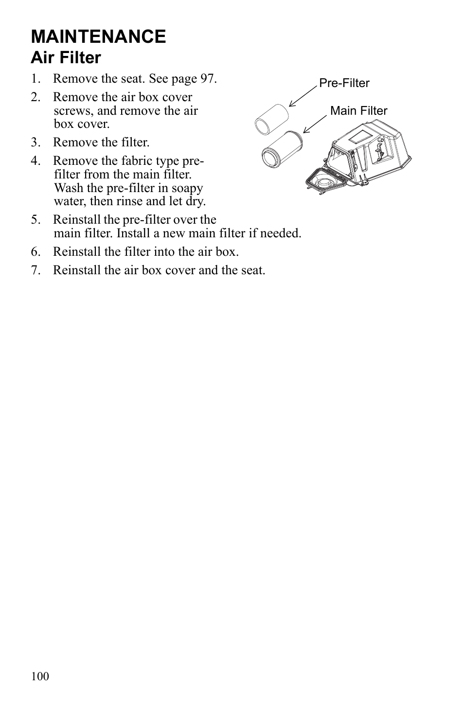 Maintenance, Air filter | Polaris Sportsman 550 EFI User Manual | Page 104 / 155