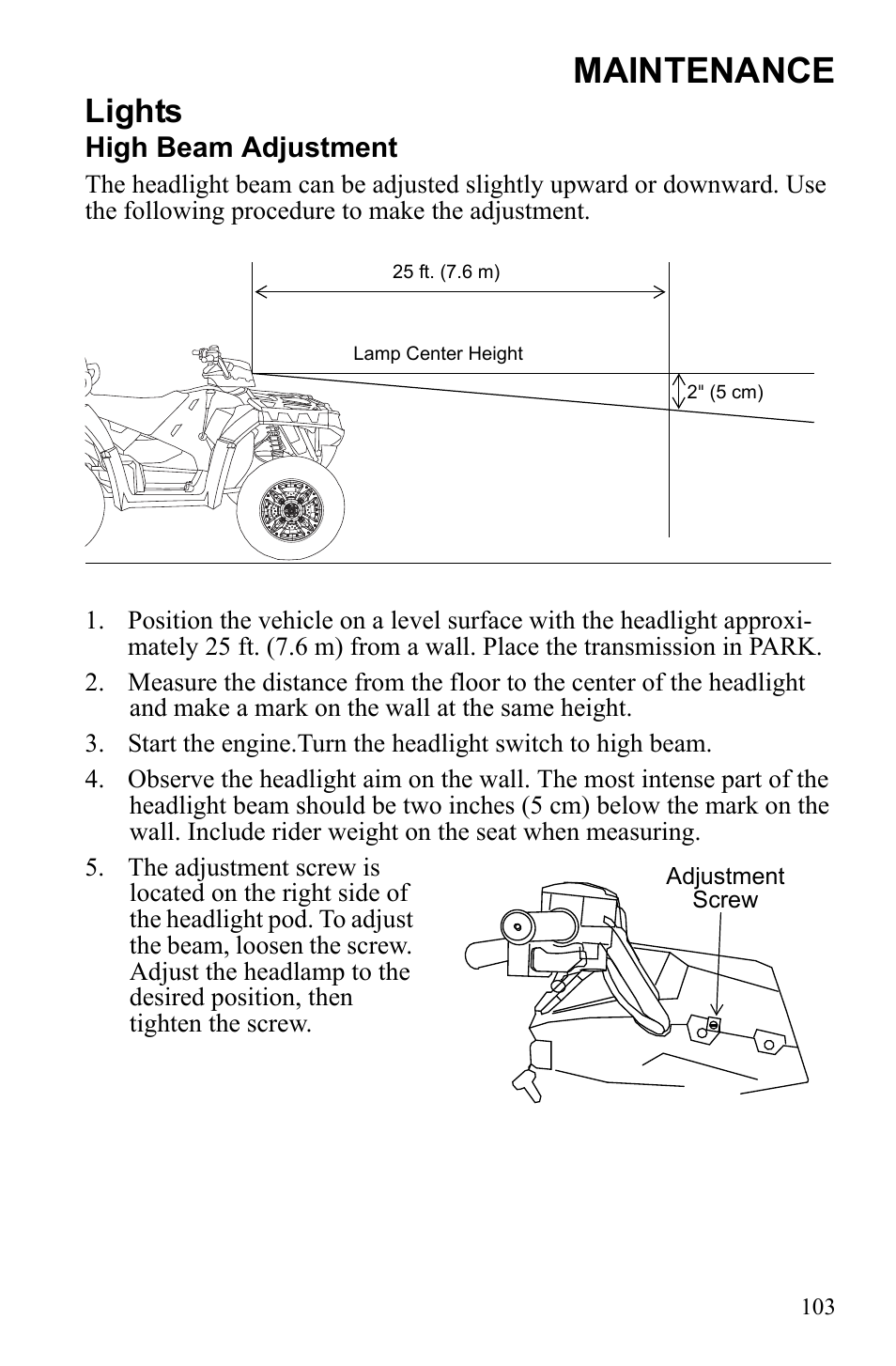 Maintenance, Lights, High beam adjustment | Polaris Sportsman 550 EFI User Manual | Page 107 / 155