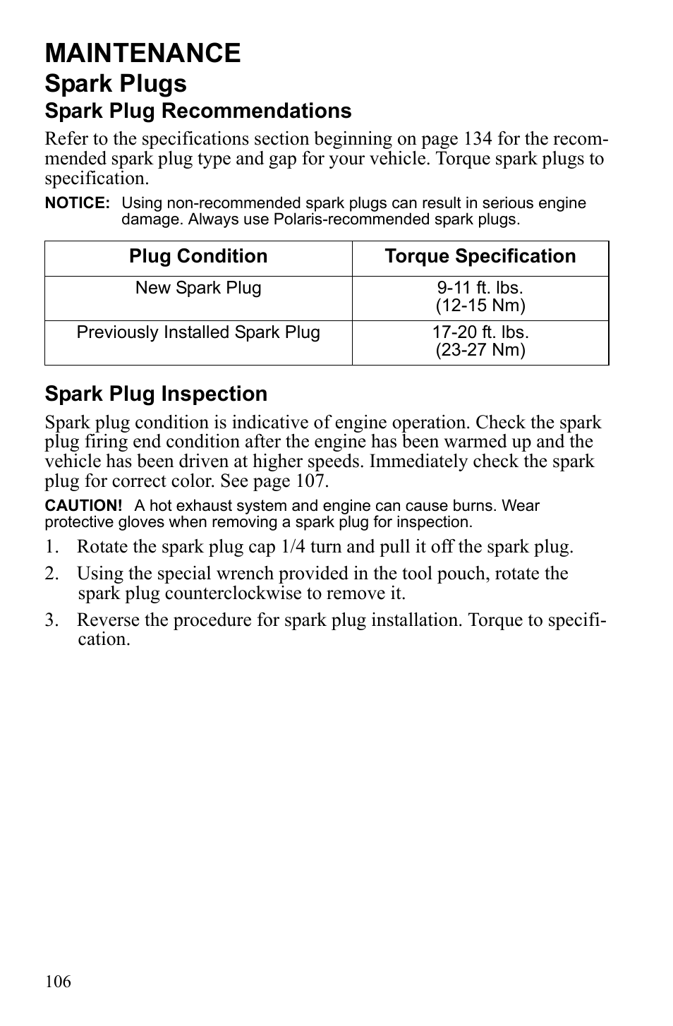 Maintenance, Spark plugs | Polaris Sportsman 550 EFI User Manual | Page 110 / 155