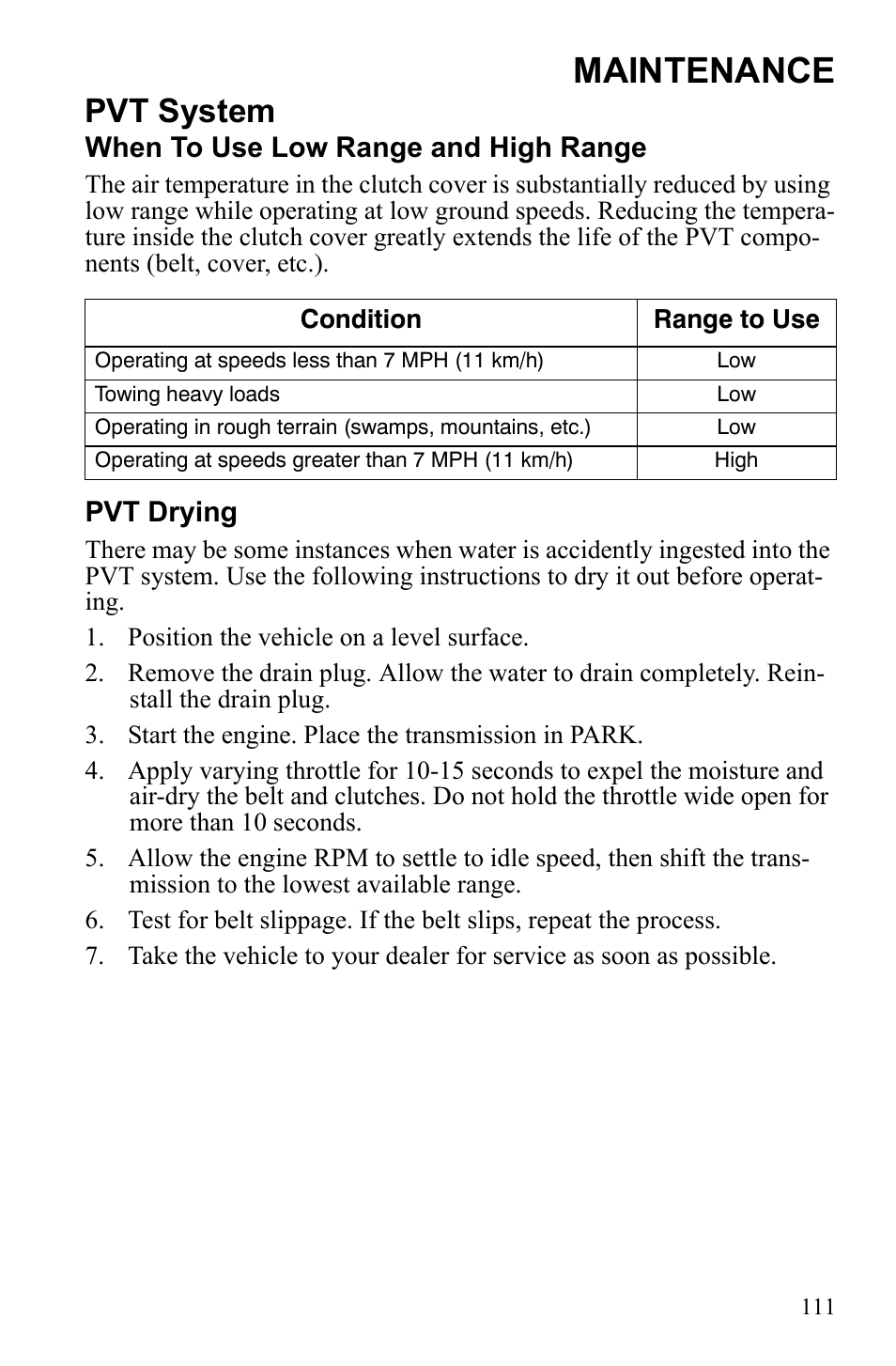 Maintenance, Pvt system, When to use low range and high range | Pvt drying | Polaris Sportsman 550 EFI User Manual | Page 115 / 155