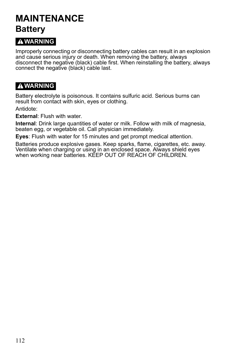 Maintenance, Battery | Polaris Sportsman 550 EFI User Manual | Page 116 / 155