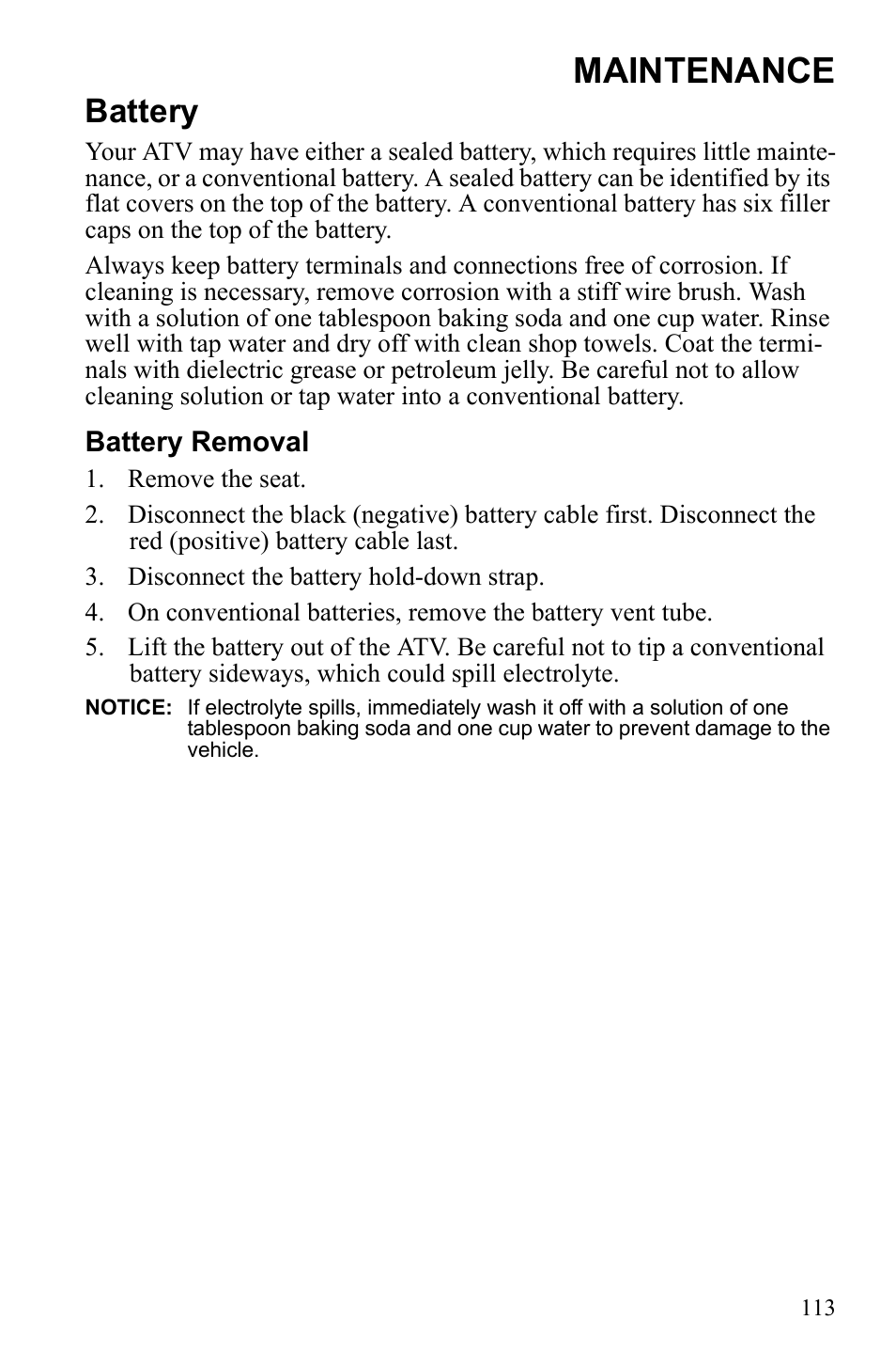 Maintenance, Battery | Polaris Sportsman 550 EFI User Manual | Page 117 / 155