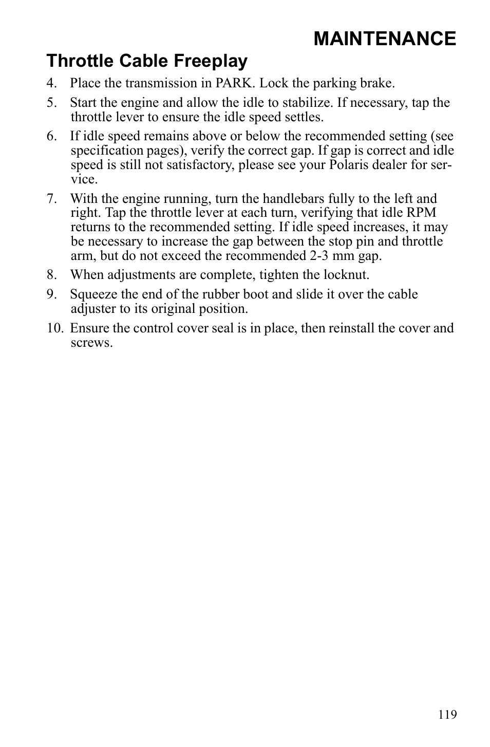 Maintenance, Throttle cable freeplay | Polaris Sportsman 550 EFI User Manual | Page 123 / 155