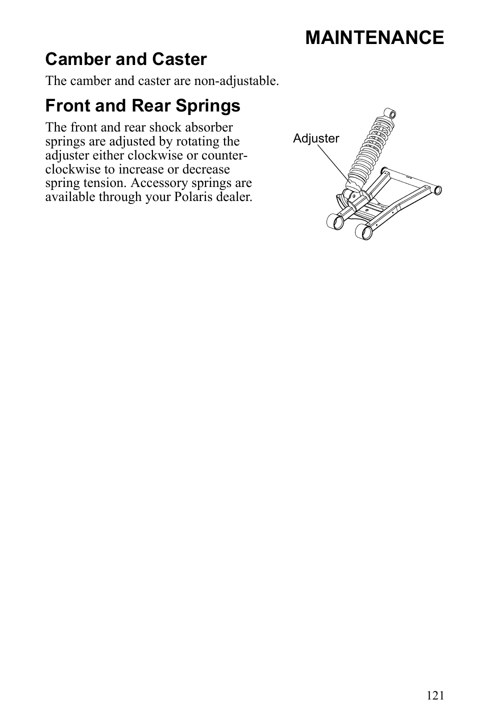 Maintenance, Camber and caster, Front and rear springs | Polaris Sportsman 550 EFI User Manual | Page 125 / 155