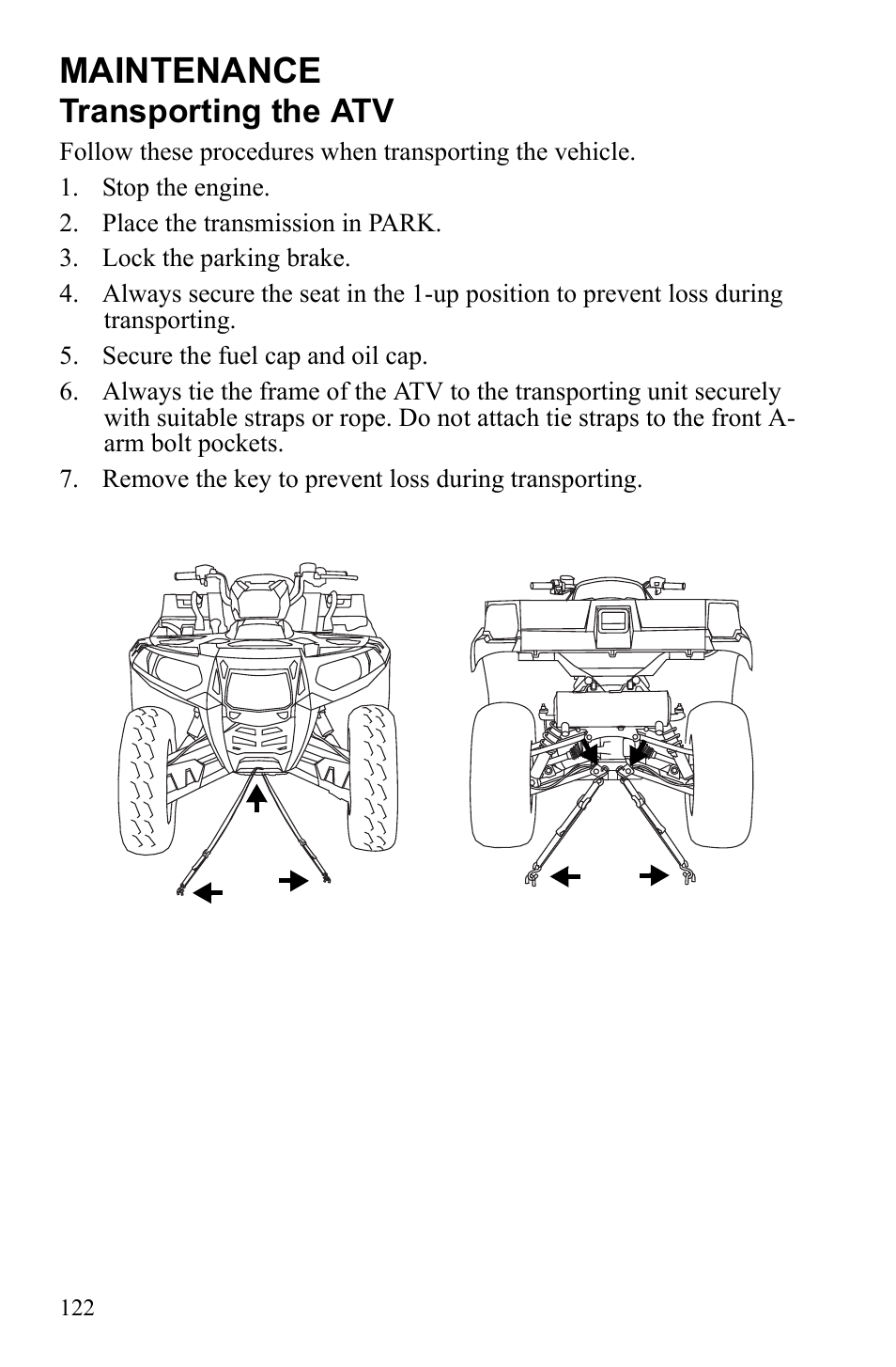 Maintenance, Transporting the atv | Polaris Sportsman 550 EFI User Manual | Page 126 / 155