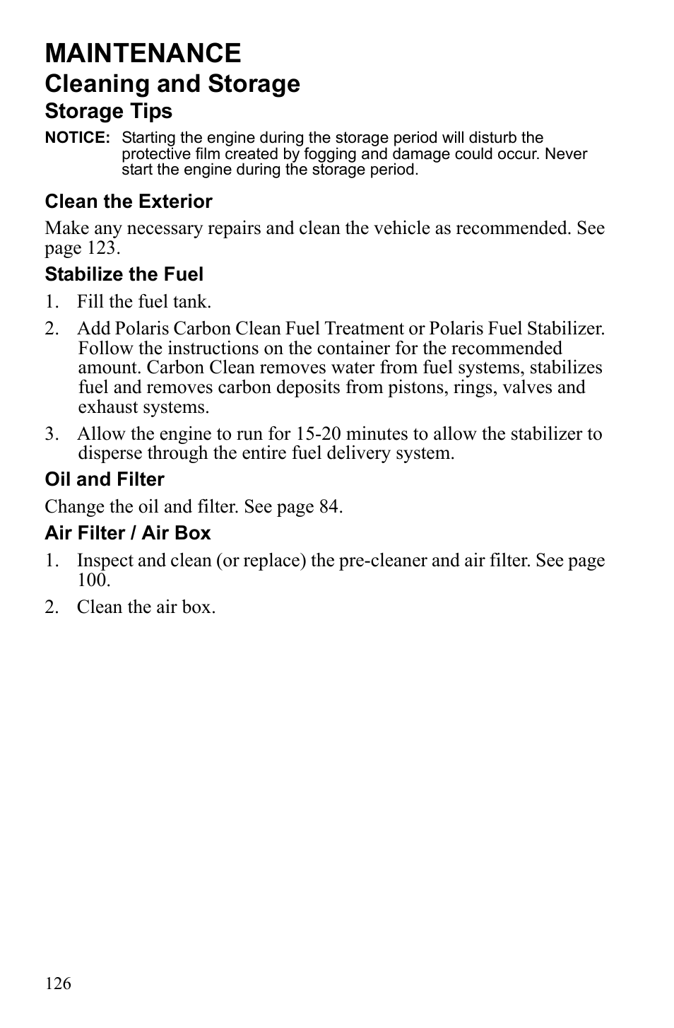 Maintenance, Cleaning and storage | Polaris Sportsman 550 EFI User Manual | Page 130 / 155