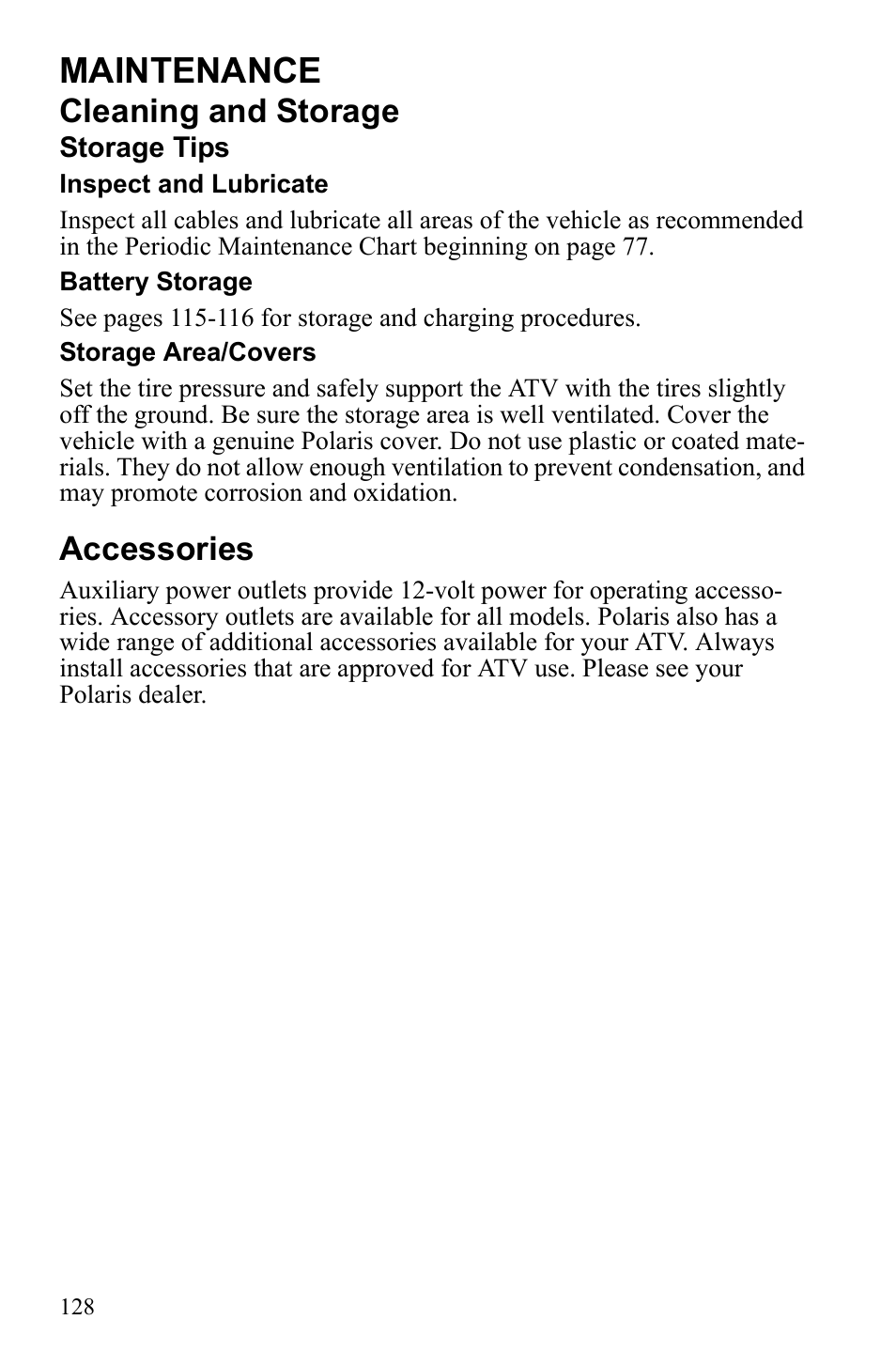 Maintenance, Cleaning and storage, Accessories | Polaris Sportsman 550 EFI User Manual | Page 132 / 155