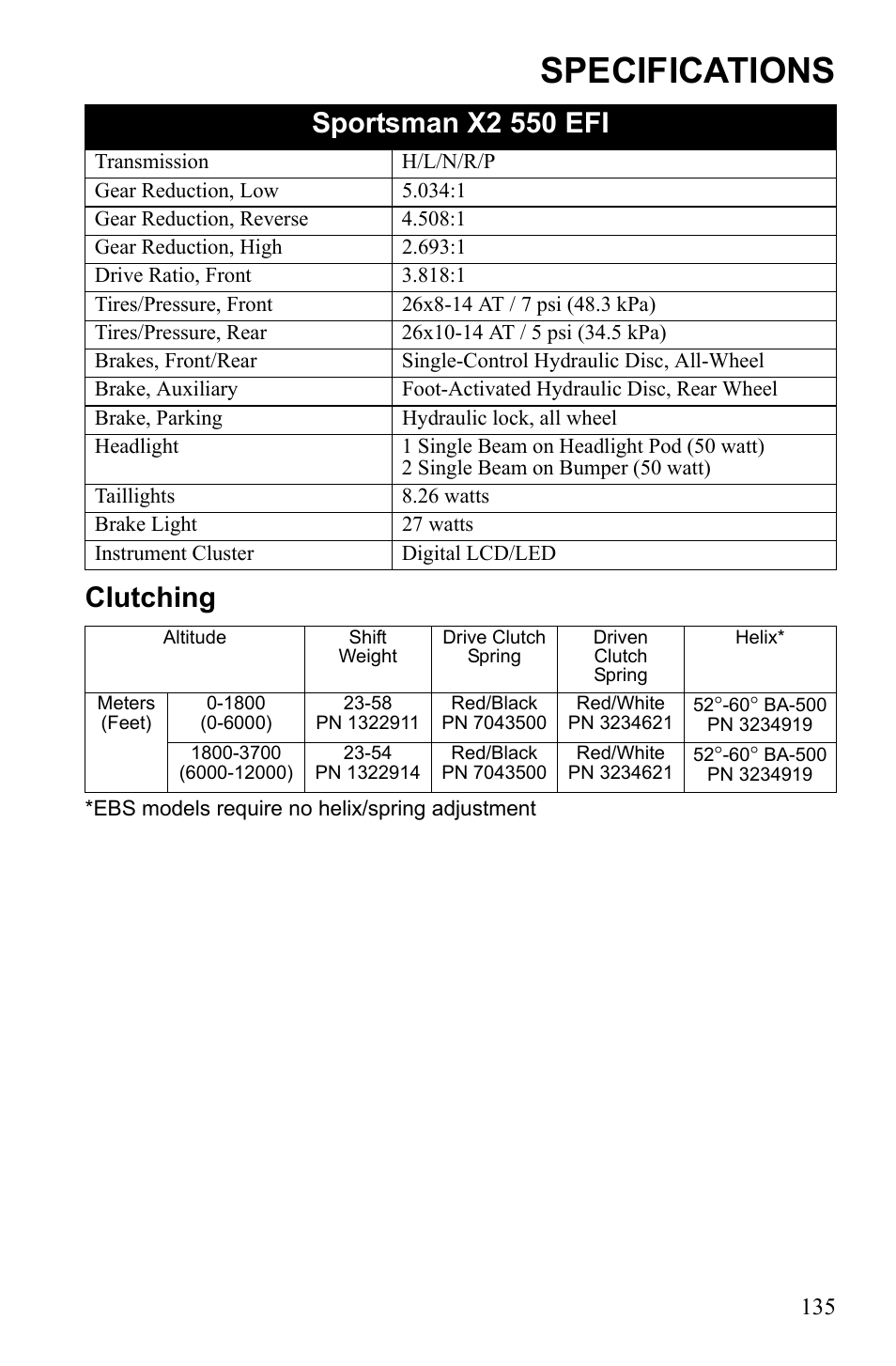 Specifications, Clutching, Sportsman x2 550 efi | Polaris Sportsman 550 EFI User Manual | Page 139 / 155