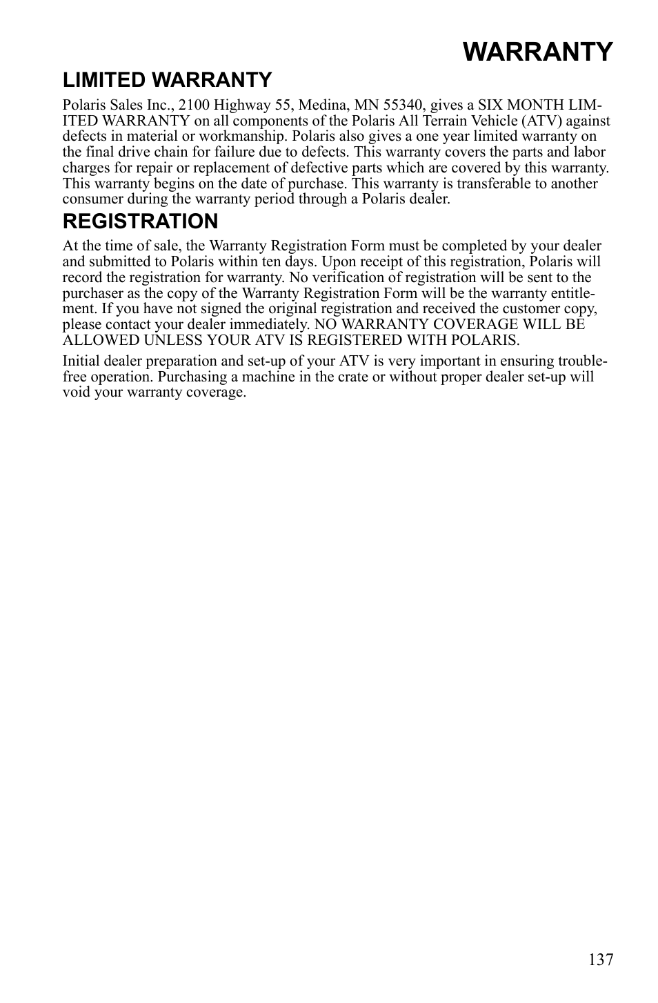 Warranty, Limited warranty, Registration | Polaris Sportsman 550 EFI User Manual | Page 141 / 155