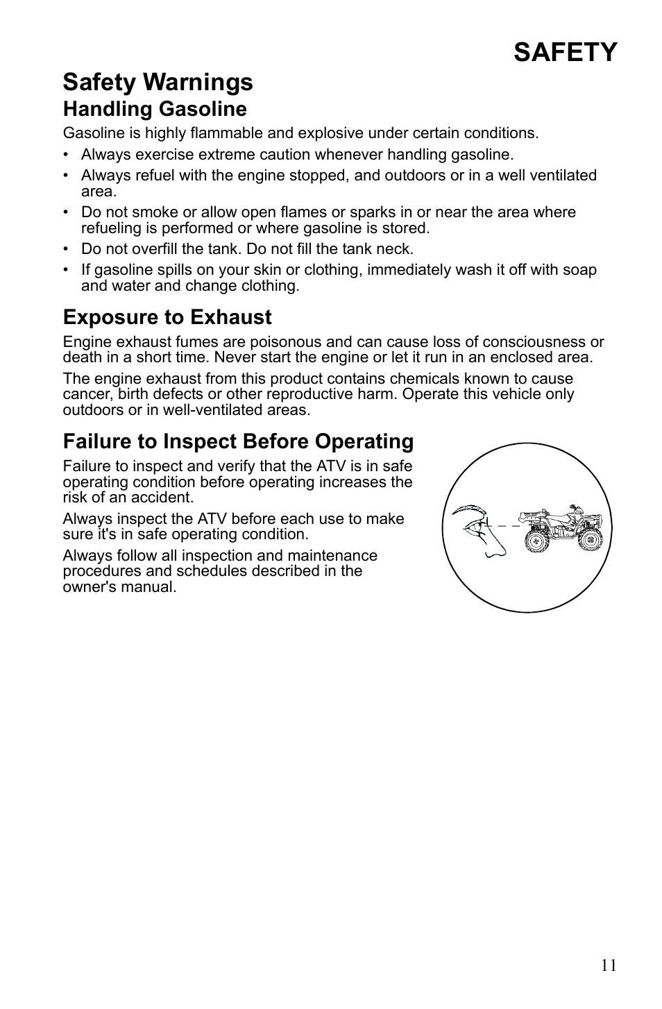 Safety, Safety warnings, Handling gasoline | Exposure to exhaust, Failure to inspect before operating | Polaris Sportsman 550 EFI User Manual | Page 15 / 155