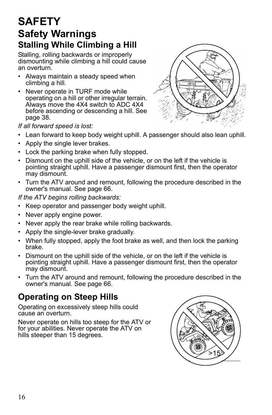 Safety, Safety warnings, Stalling while climbing a hill | Operating on steep hills | Polaris Sportsman 550 EFI User Manual | Page 20 / 155