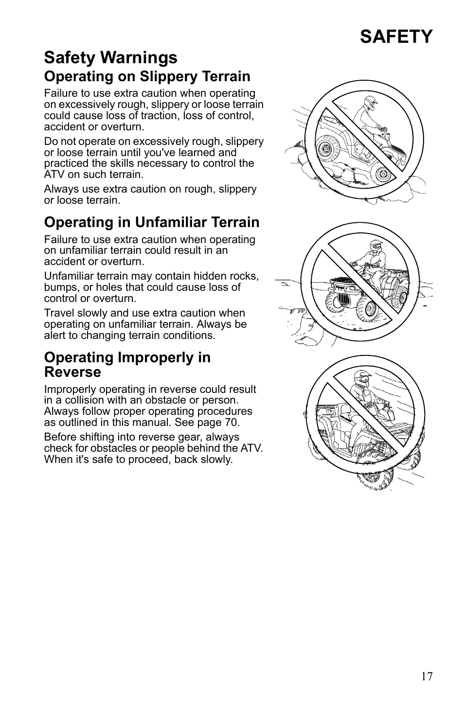 Safety, Safety warnings, Operating on slippery terrain | Operating in unfamiliar terrain, Operating improperly in reverse | Polaris Sportsman 550 EFI User Manual | Page 21 / 155