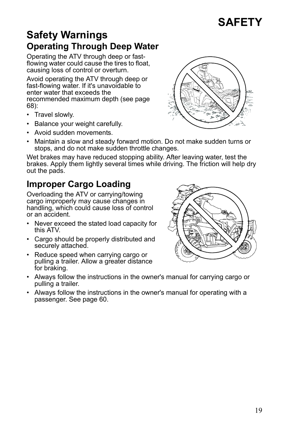 Safety, Safety warnings, Operating through deep water | Improper cargo loading | Polaris Sportsman 550 EFI User Manual | Page 23 / 155