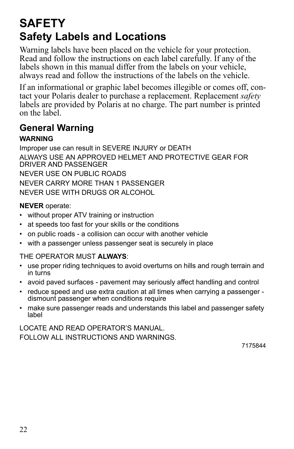 Safety, Safety labels and locations, General warning | Polaris Sportsman 550 EFI User Manual | Page 26 / 155