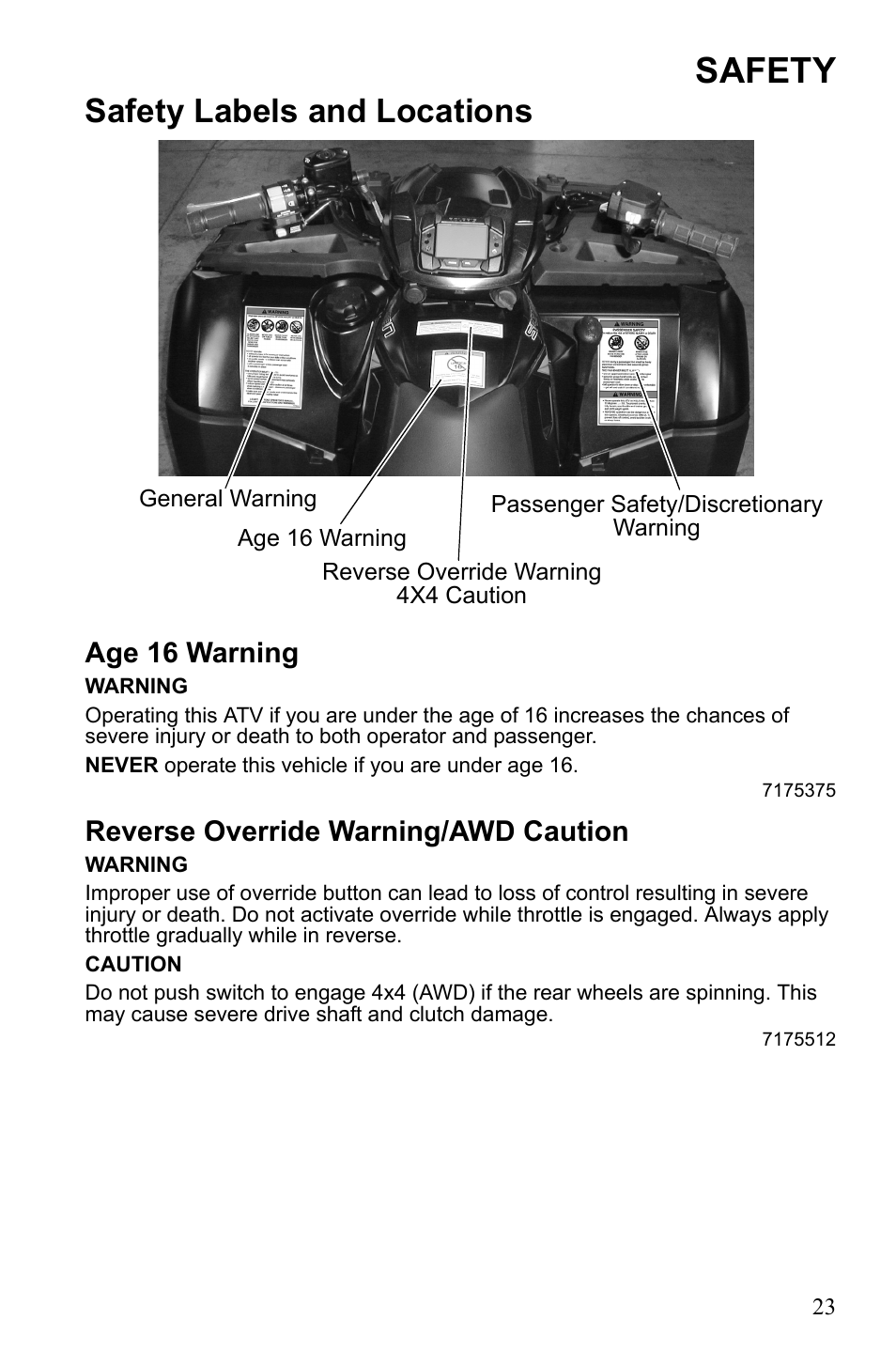 Safety, Safety labels and locations, Age 16 warning | Reverse override warning/awd caution | Polaris Sportsman 550 EFI User Manual | Page 27 / 155