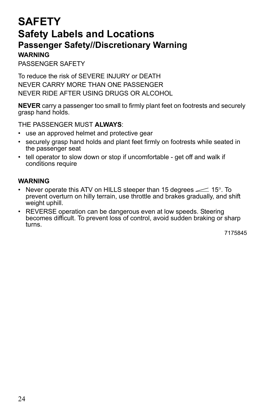 Safety, Safety labels and locations, Passenger safety//discretionary warning | Polaris Sportsman 550 EFI User Manual | Page 28 / 155