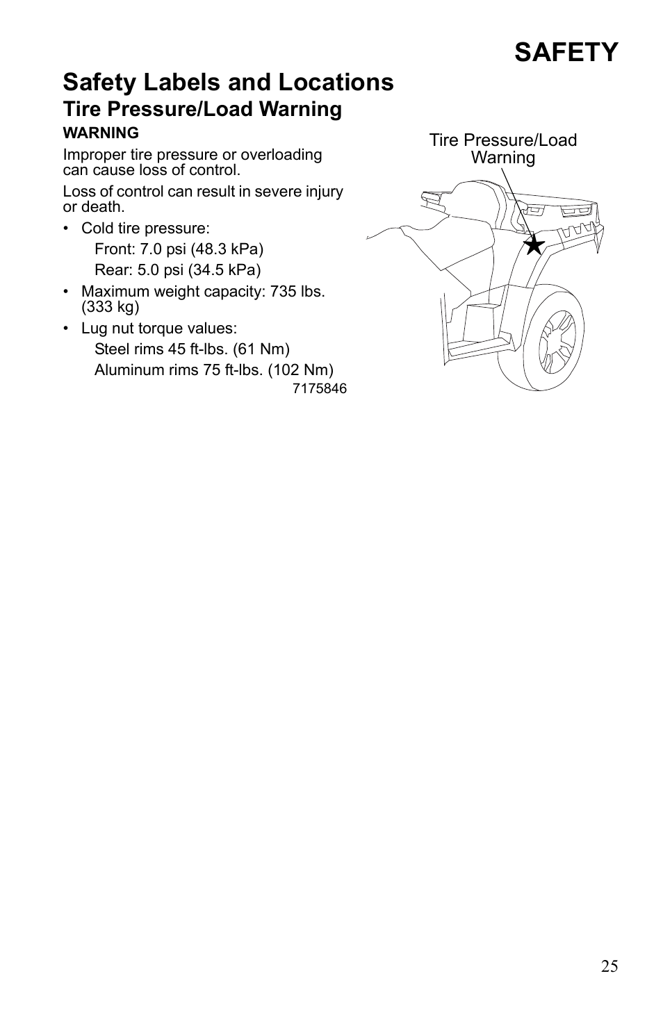 Safety, Safety labels and locations, Tire pressure/load warning | Polaris Sportsman 550 EFI User Manual | Page 29 / 155