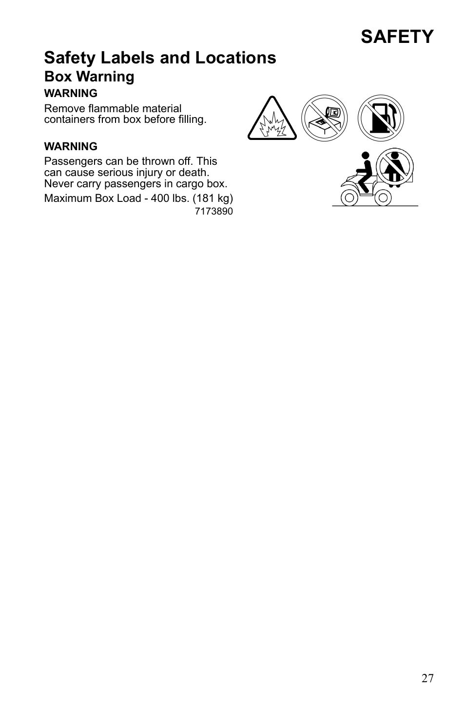 Safety, Safety labels and locations, Box warning | Polaris Sportsman 550 EFI User Manual | Page 31 / 155