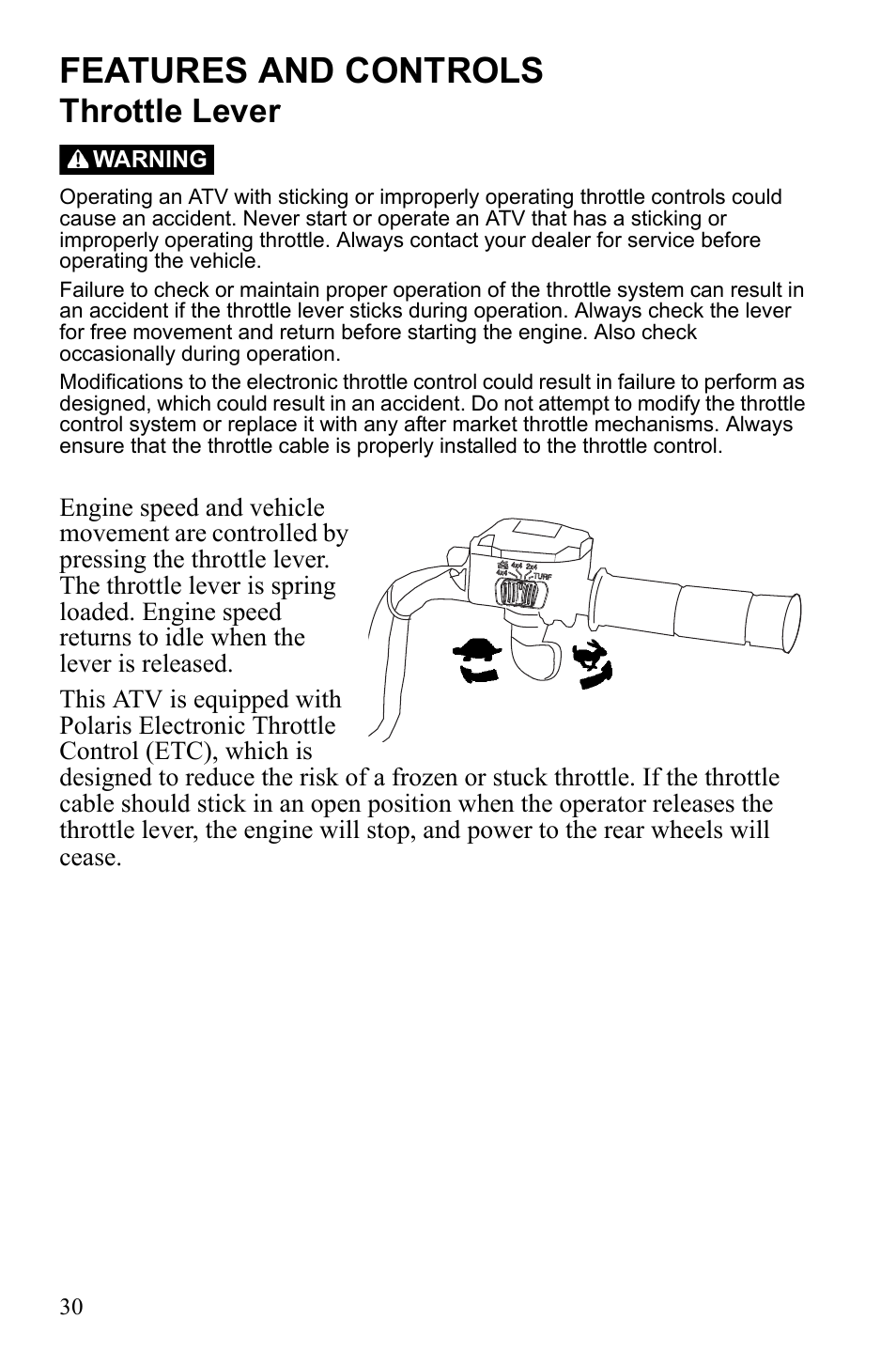 Features and controls, Throttle lever | Polaris Sportsman 550 EFI User Manual | Page 34 / 155