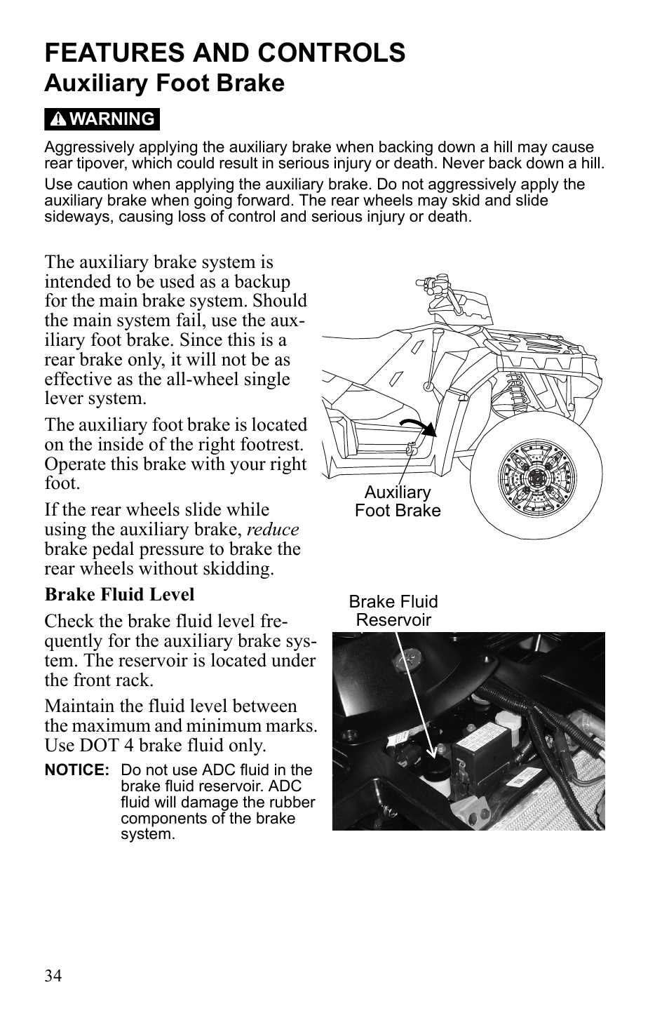 Features and controls, Auxiliary foot brake | Polaris Sportsman 550 EFI User Manual | Page 38 / 155