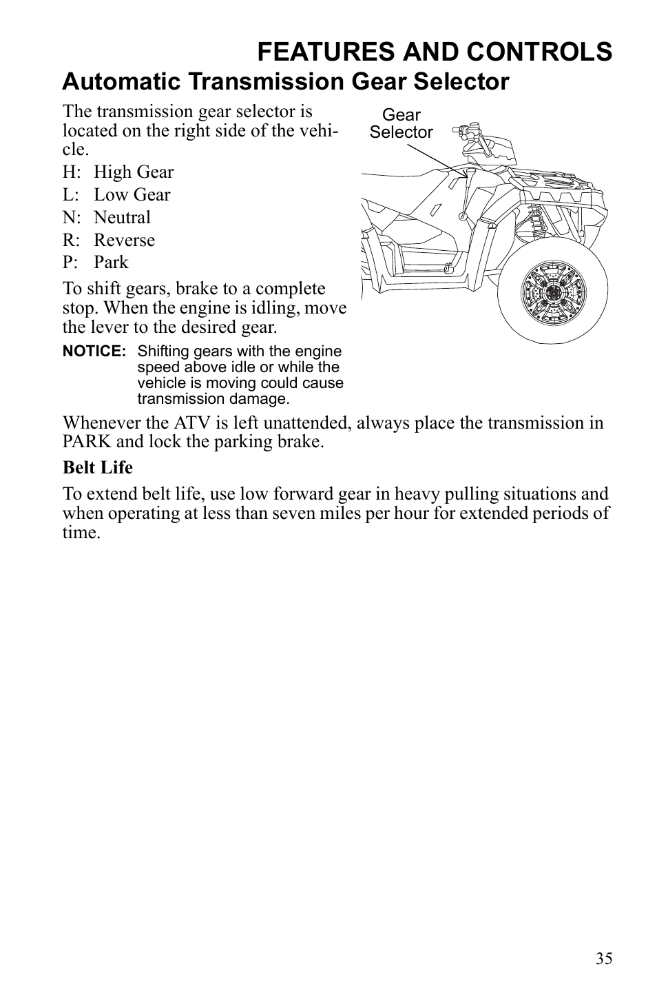 Features and controls, Automatic transmission gear selector | Polaris Sportsman 550 EFI User Manual | Page 39 / 155