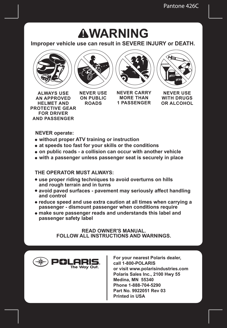 Warning, Pantone 426c | Polaris Sportsman 550 EFI User Manual | Page 4 / 155