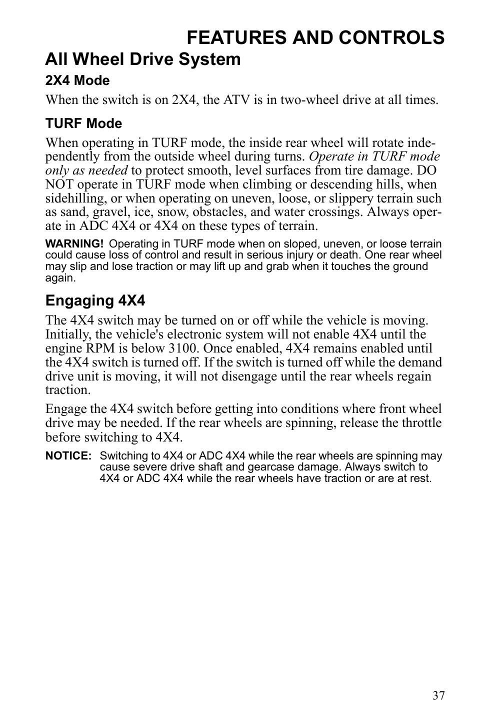 Features and controls, All wheel drive system, Engaging 4x4 | Polaris Sportsman 550 EFI User Manual | Page 41 / 155