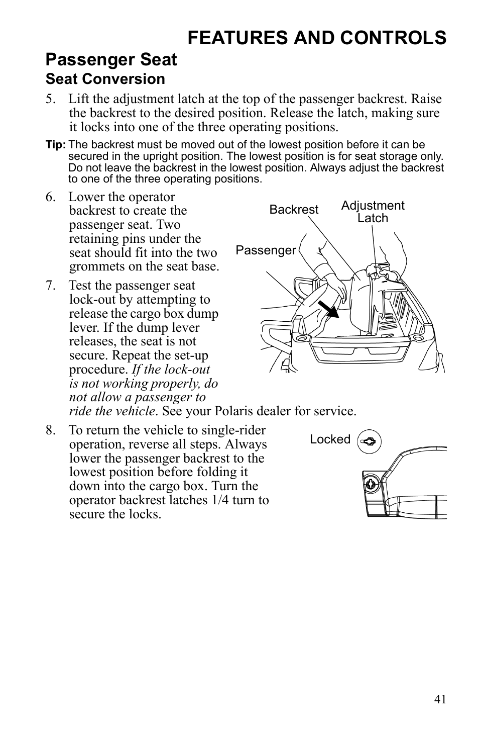 Features and controls, Passenger seat | Polaris Sportsman 550 EFI User Manual | Page 45 / 155