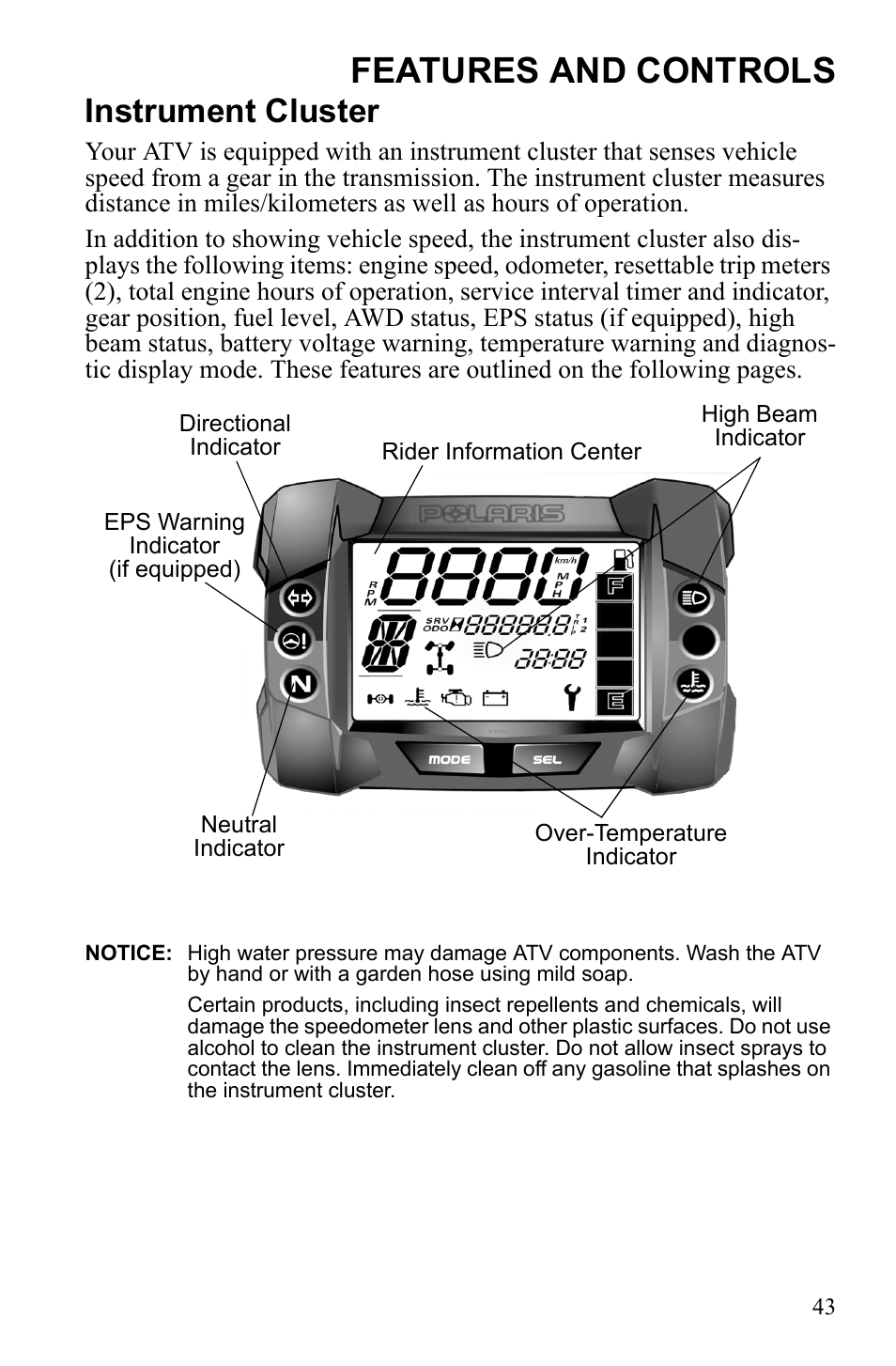 Features and controls, Instrument cluster | Polaris Sportsman 550 EFI User Manual | Page 47 / 155