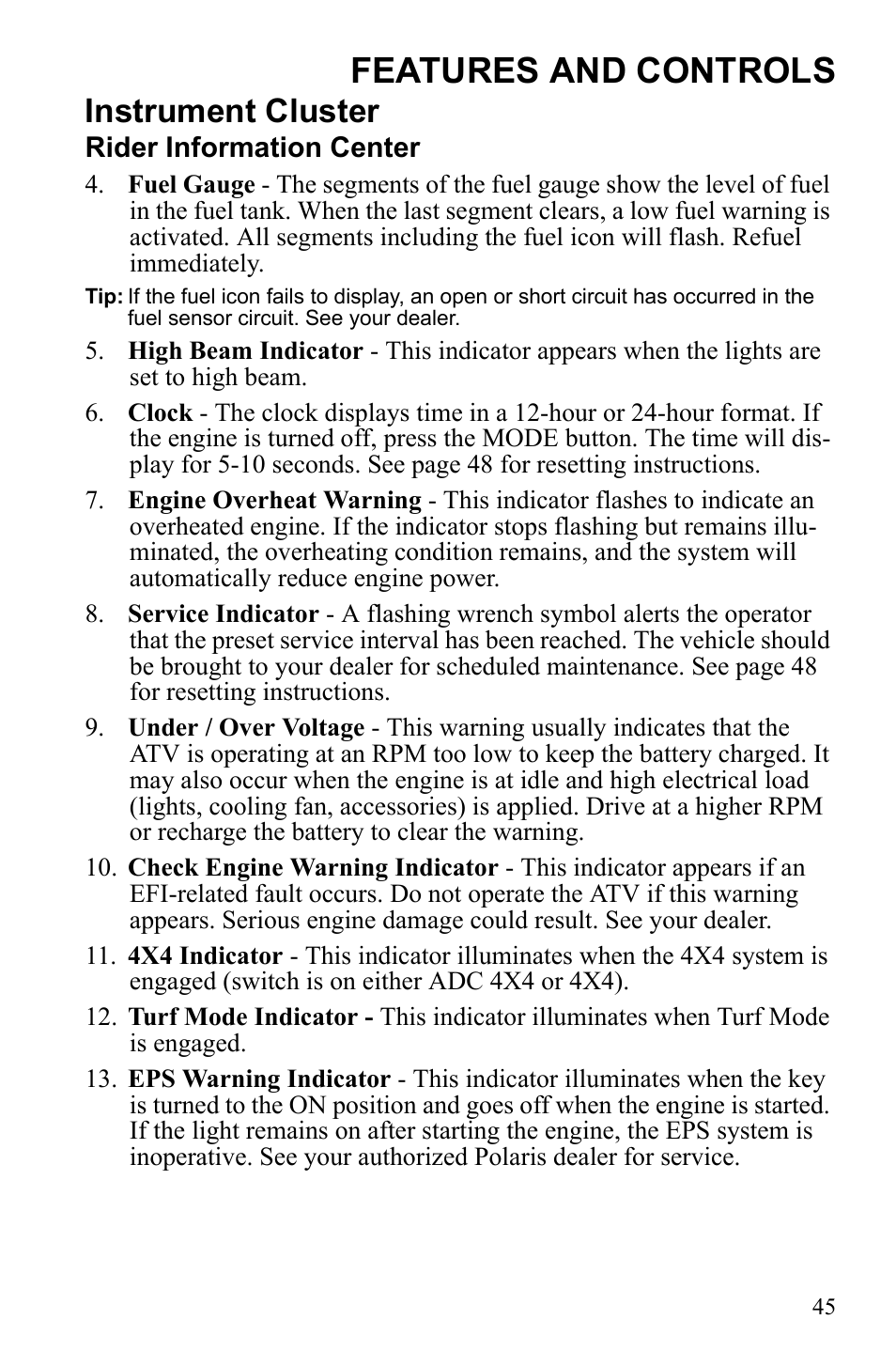 Features and controls, Instrument cluster | Polaris Sportsman 550 EFI User Manual | Page 49 / 155