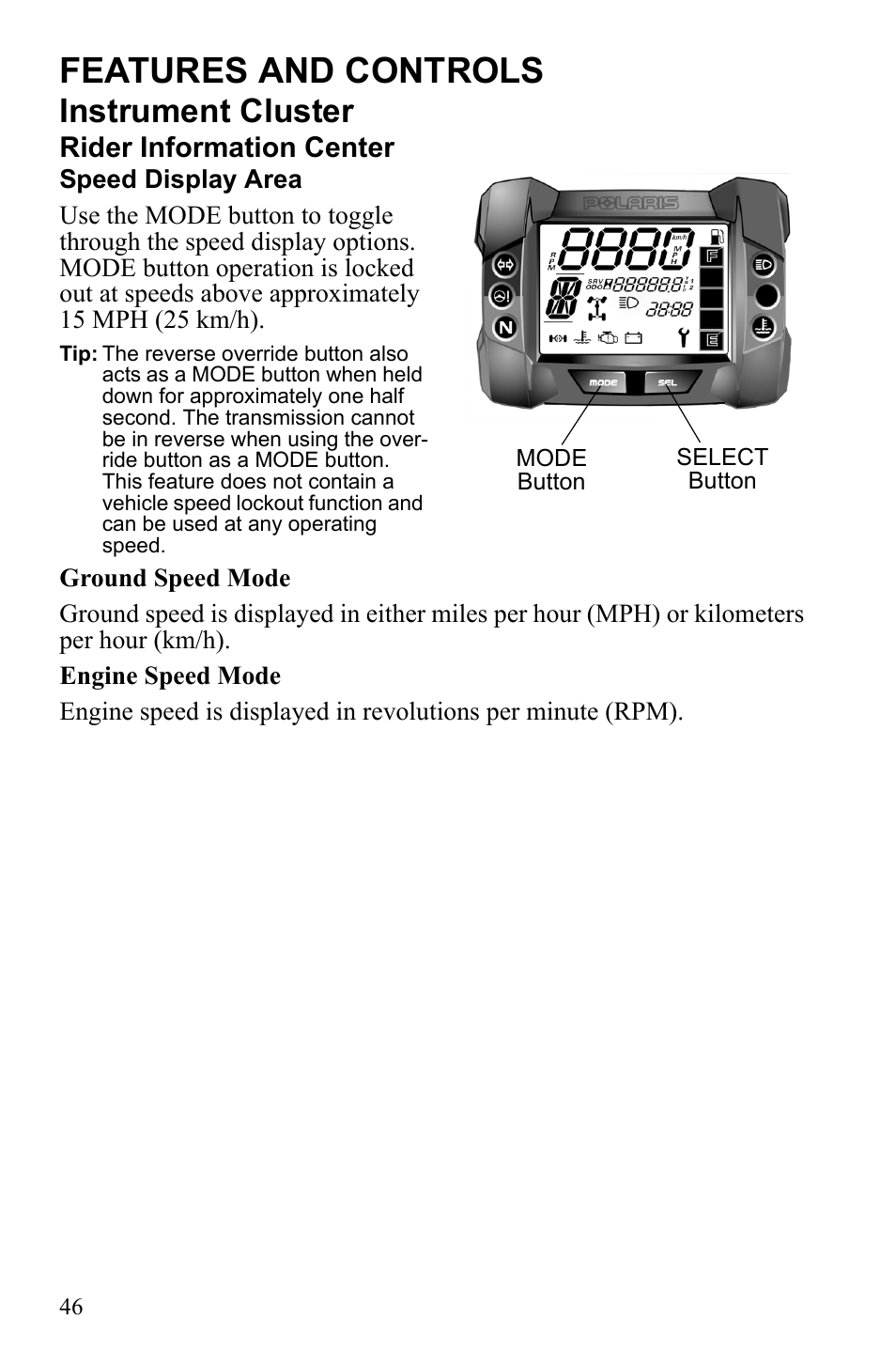 Features and controls, Instrument cluster, Rider information center | Polaris Sportsman 550 EFI User Manual | Page 50 / 155