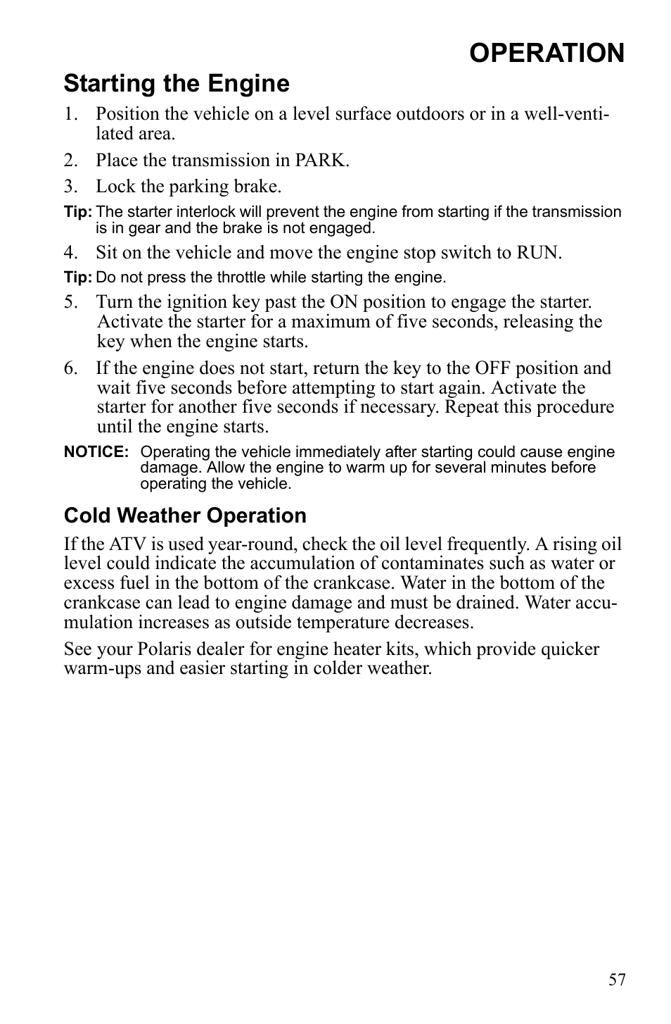 Operation, Starting the engine | Polaris Sportsman 550 EFI User Manual | Page 61 / 155