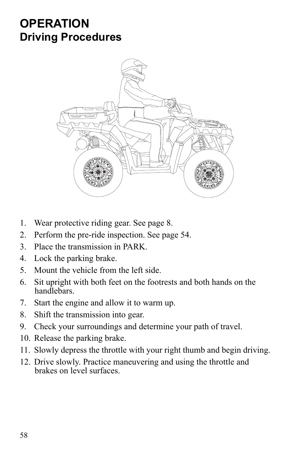 Operation, Driving procedures | Polaris Sportsman 550 EFI User Manual | Page 62 / 155