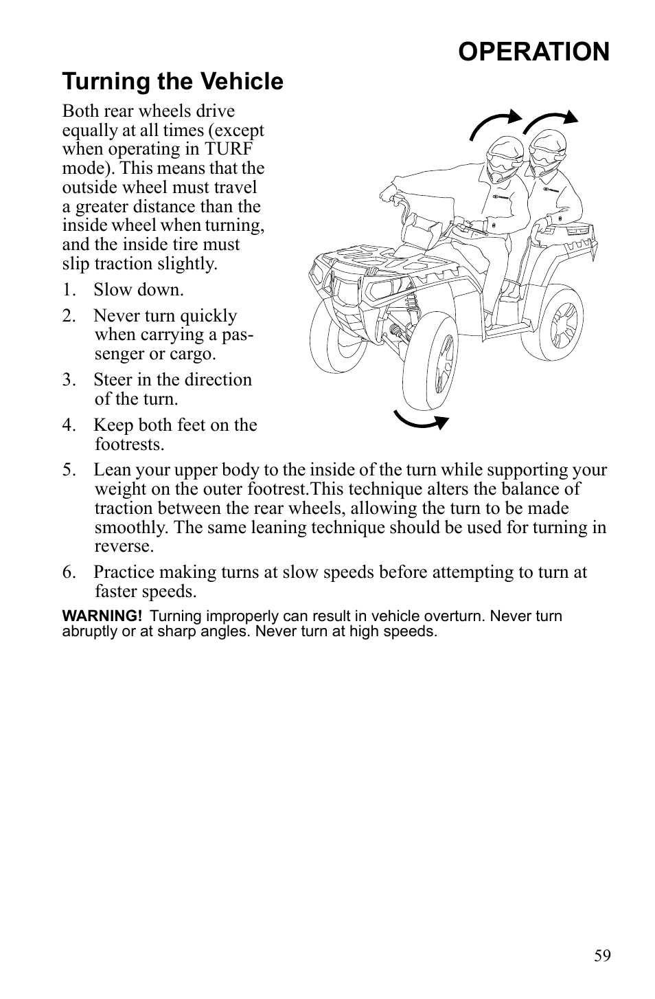 Operation, Turning the vehicle | Polaris Sportsman 550 EFI User Manual | Page 63 / 155