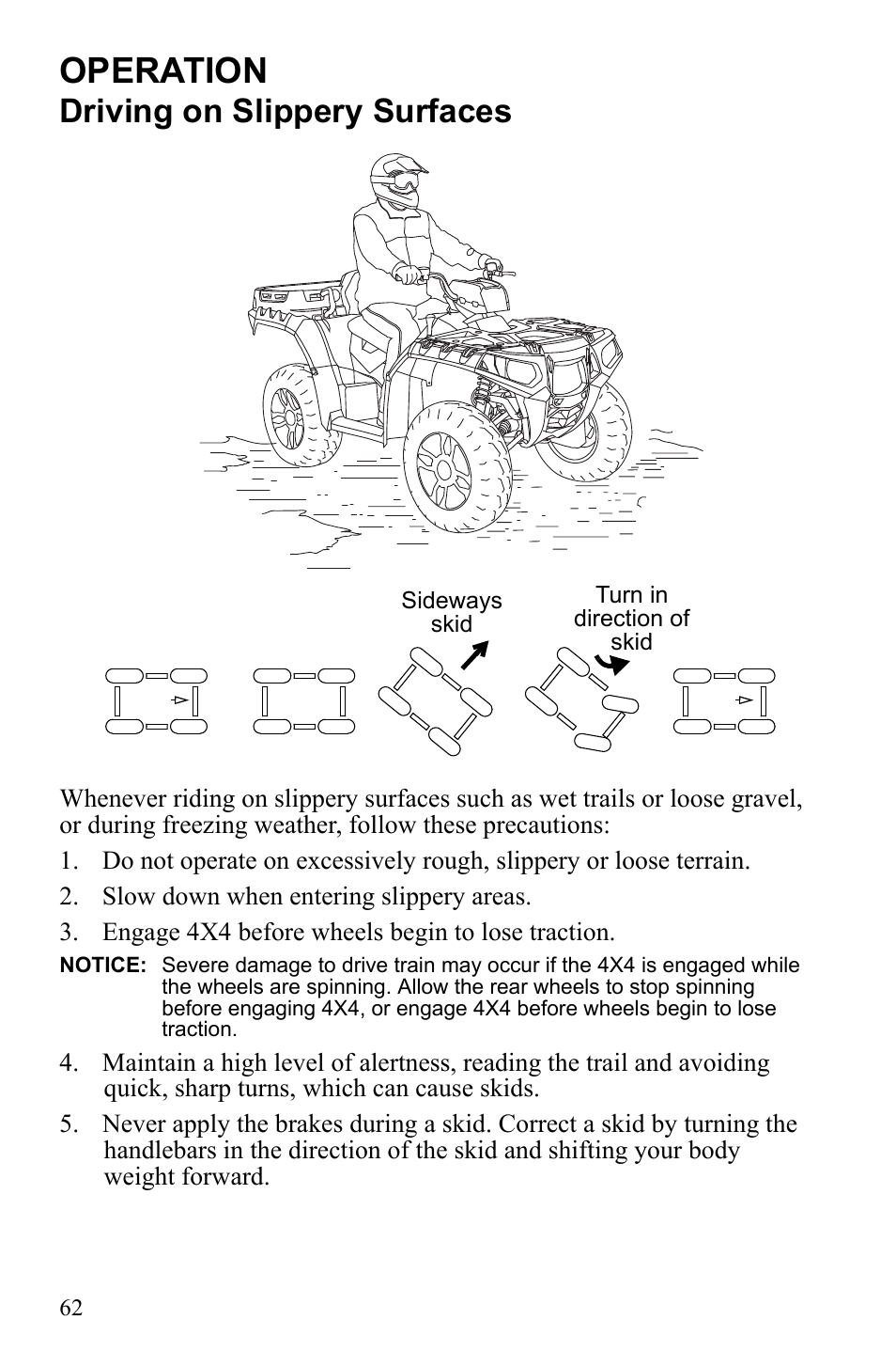 Operation, Driving on slippery surfaces | Polaris Sportsman 550 EFI User Manual | Page 66 / 155