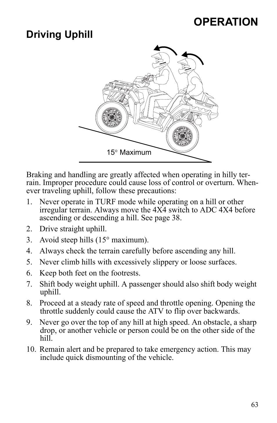 Operation, Driving uphill | Polaris Sportsman 550 EFI User Manual | Page 67 / 155