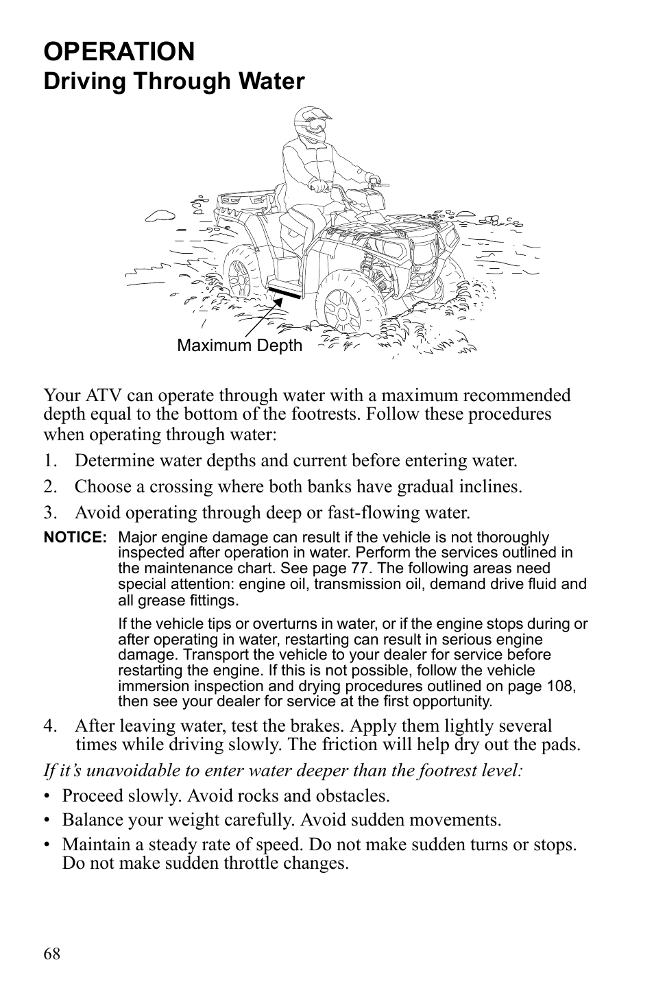 Operation, Driving through water | Polaris Sportsman 550 EFI User Manual | Page 72 / 155