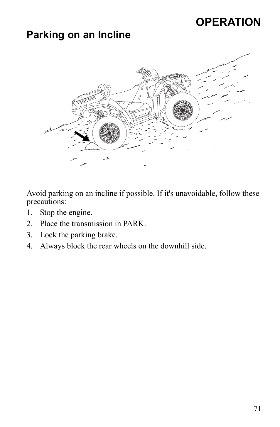 Operation, Parking on an incline | Polaris Sportsman 550 EFI User Manual | Page 75 / 155