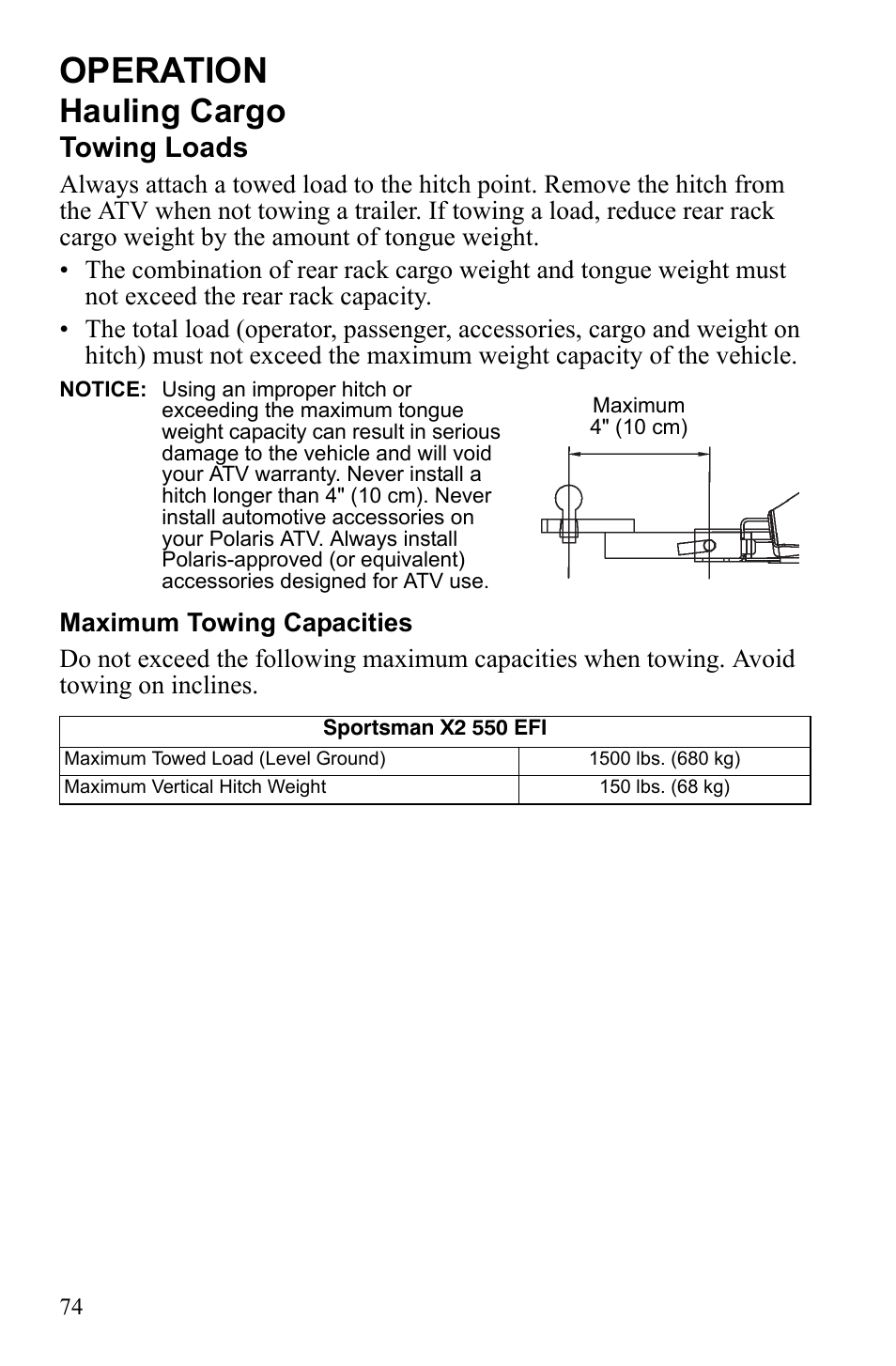 Operation, Hauling cargo, Towing loads | Polaris Sportsman 550 EFI User Manual | Page 78 / 155