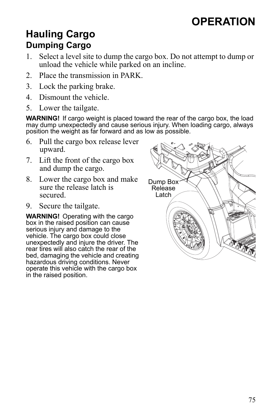 Operation, Hauling cargo, Dumping cargo | Polaris Sportsman 550 EFI User Manual | Page 79 / 155