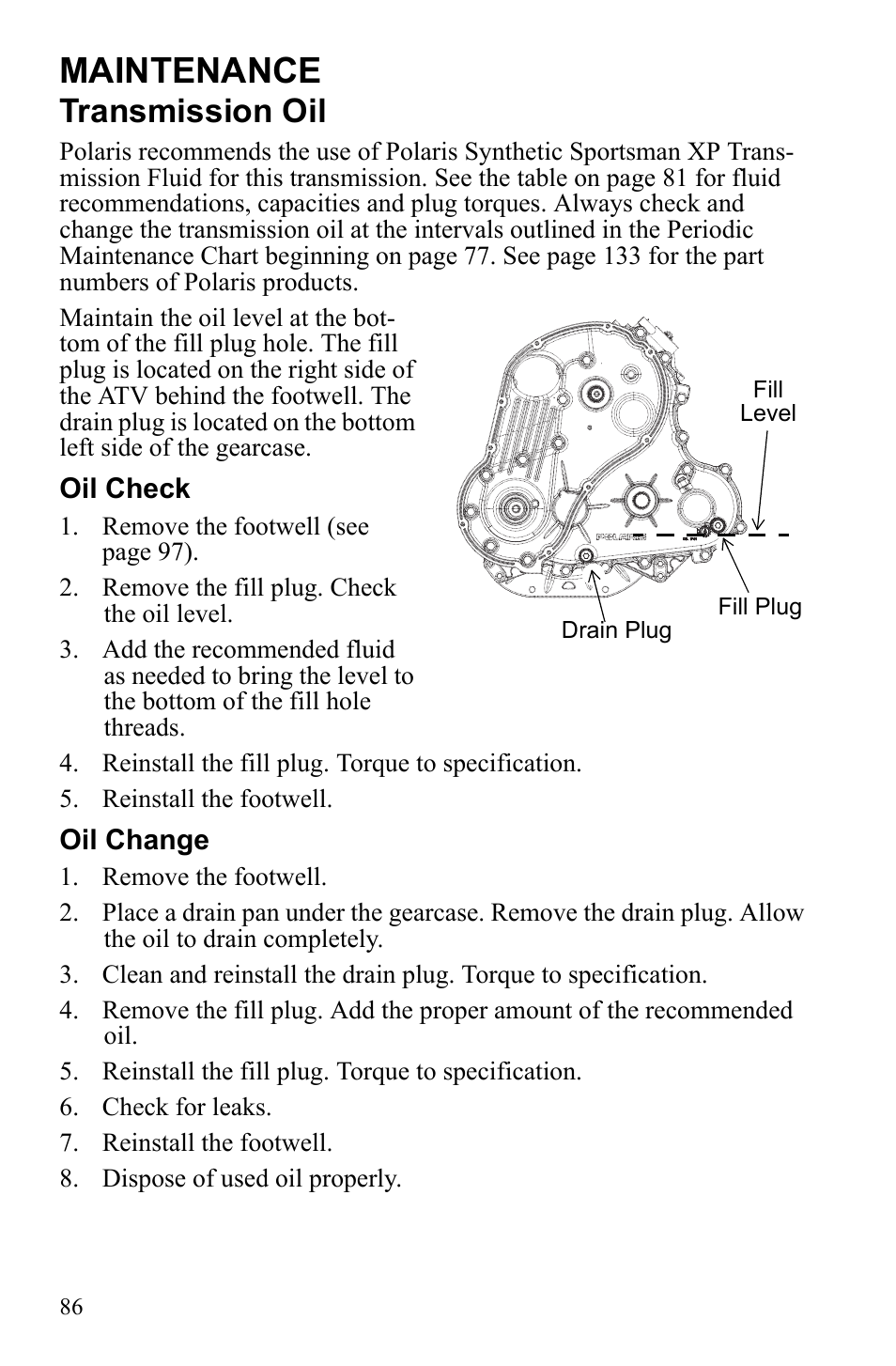 Maintenance, Transmission oil | Polaris Sportsman 550 EFI User Manual | Page 90 / 155