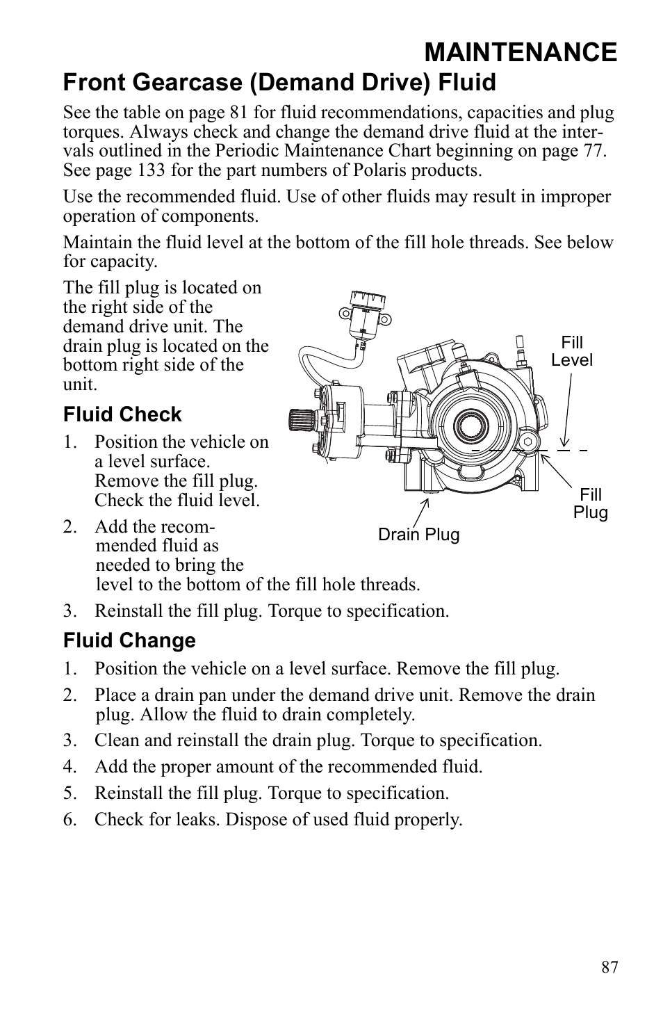 Maintenance, Front gearcase (demand drive) fluid | Polaris Sportsman 550 EFI User Manual | Page 91 / 155