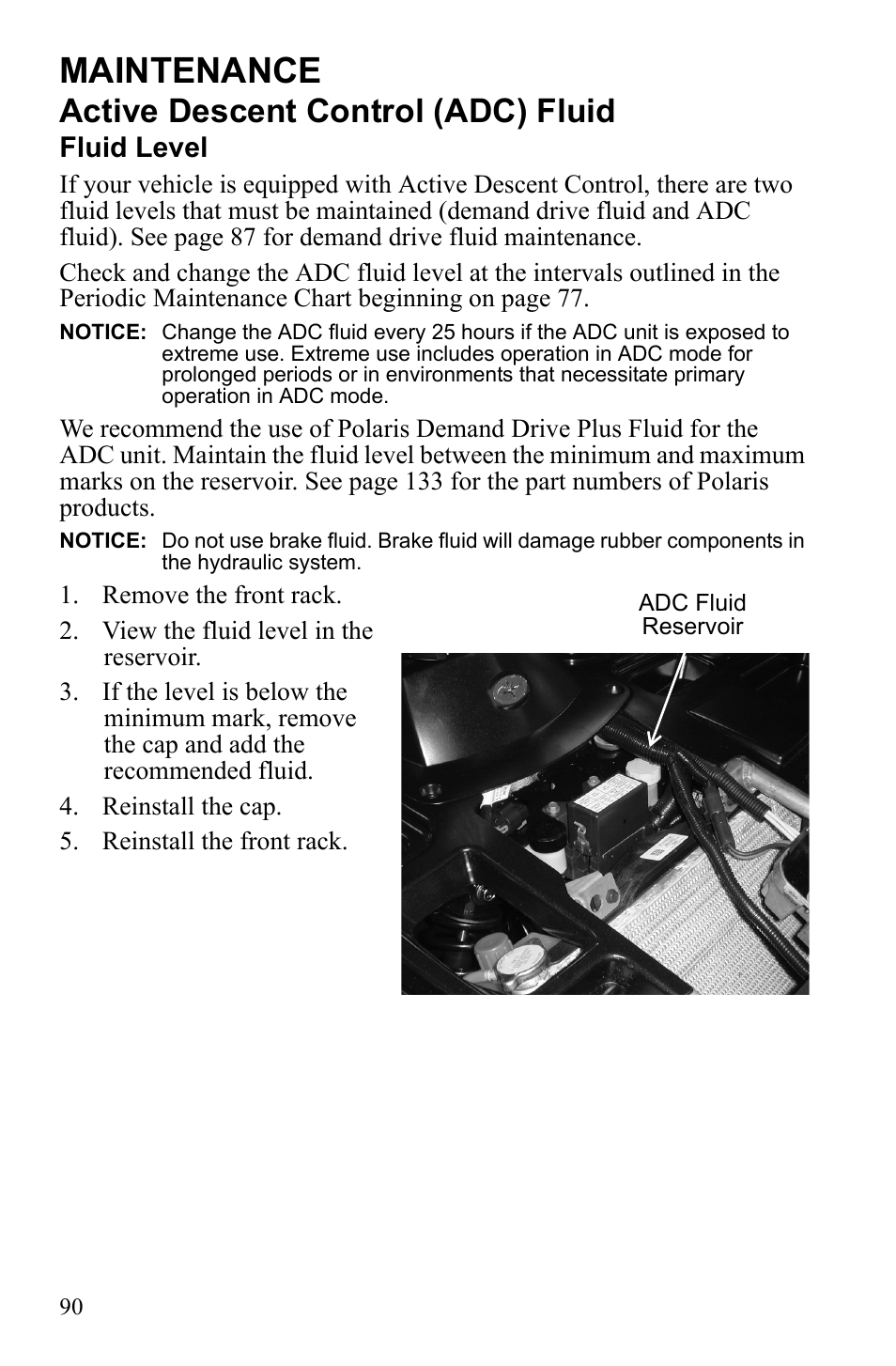 Maintenance, Active descent control (adc) fluid, Fluid level | Polaris Sportsman 550 EFI User Manual | Page 94 / 155