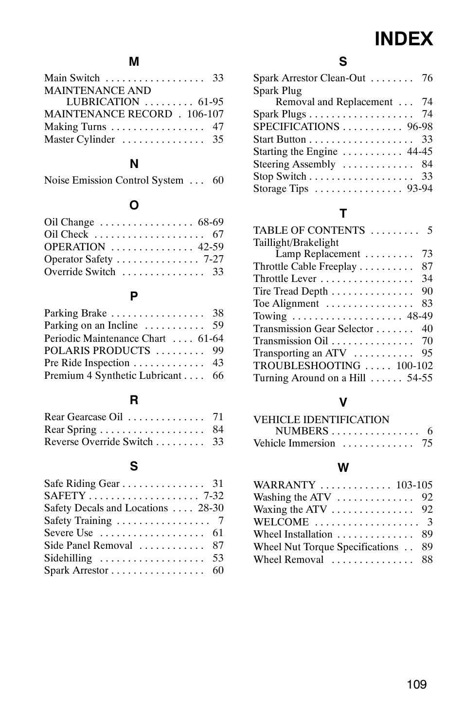 Index | Polaris PHOENIX 200 User Manual | Page 110 / 111