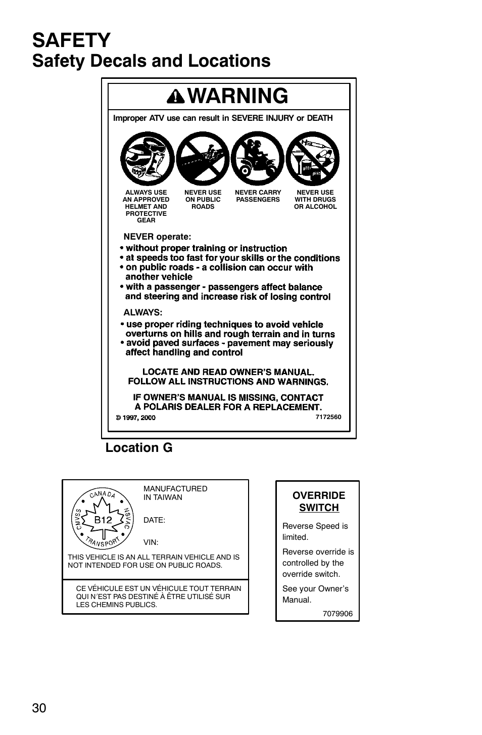 Warning, Safety, Safety decals and locations | Location g | Polaris PHOENIX 200 User Manual | Page 31 / 111